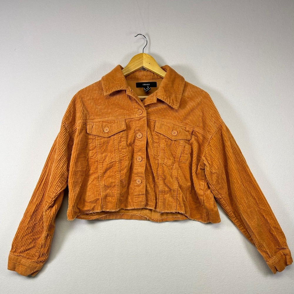Forever 21 Corduroy Jacket Womens Medium Orange Cropped Raw Hem Button Up Boho